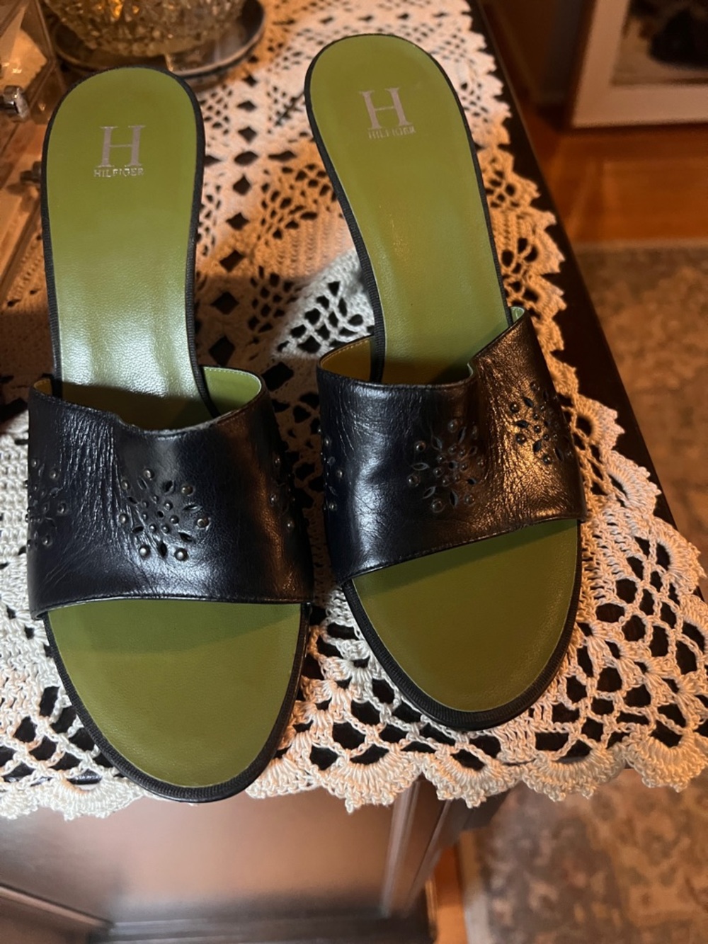 Tommy Hilfiger Black Leather Slide Mules with Olive Green Insole